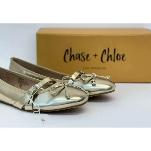 CHASE + CHLOE / Fergie-1/ Metallic Gold Ballet / Flats / With Bow Detail - Picture 7 of 8
